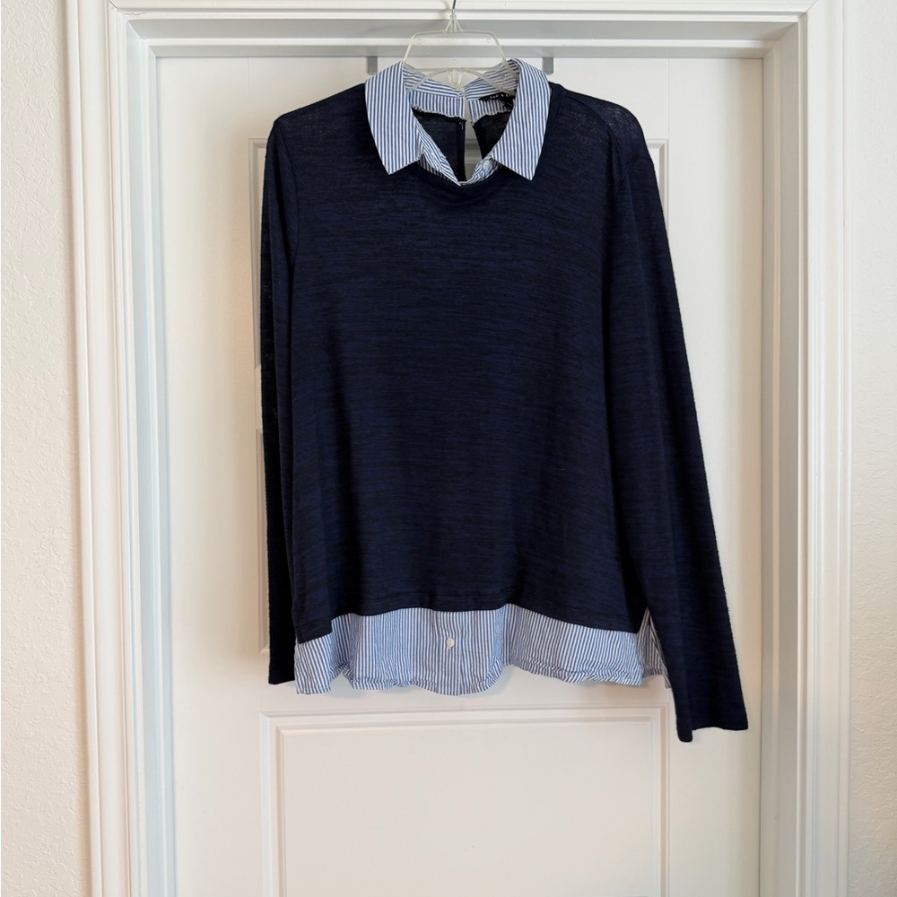 Zac & Rachel Navy Layered-Look Sweater Top with Blue Stripe Collar
